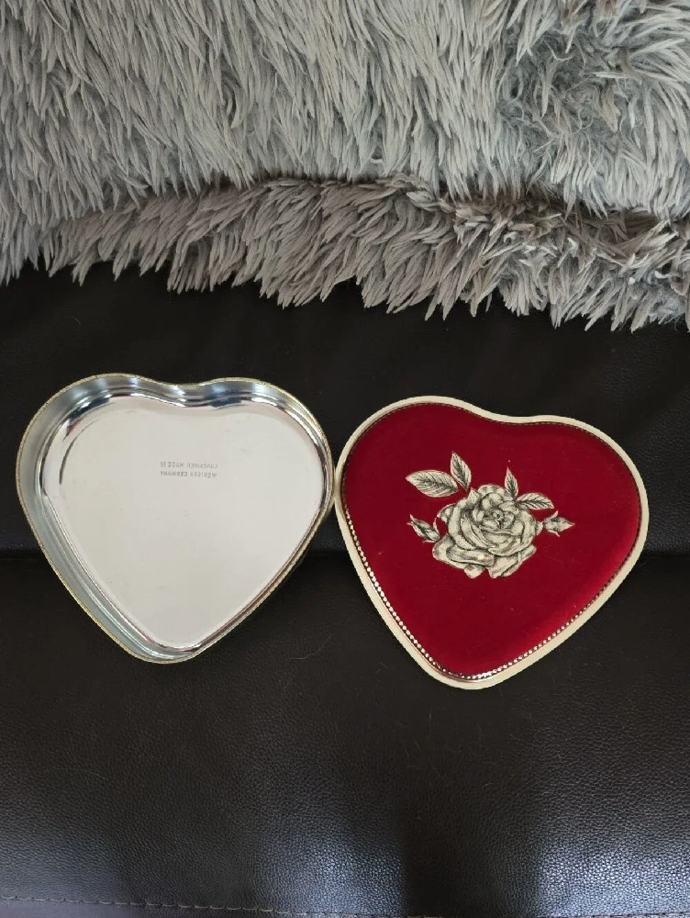 Heart-Shaped Red Velvet Jewelry Box with Silver Rose